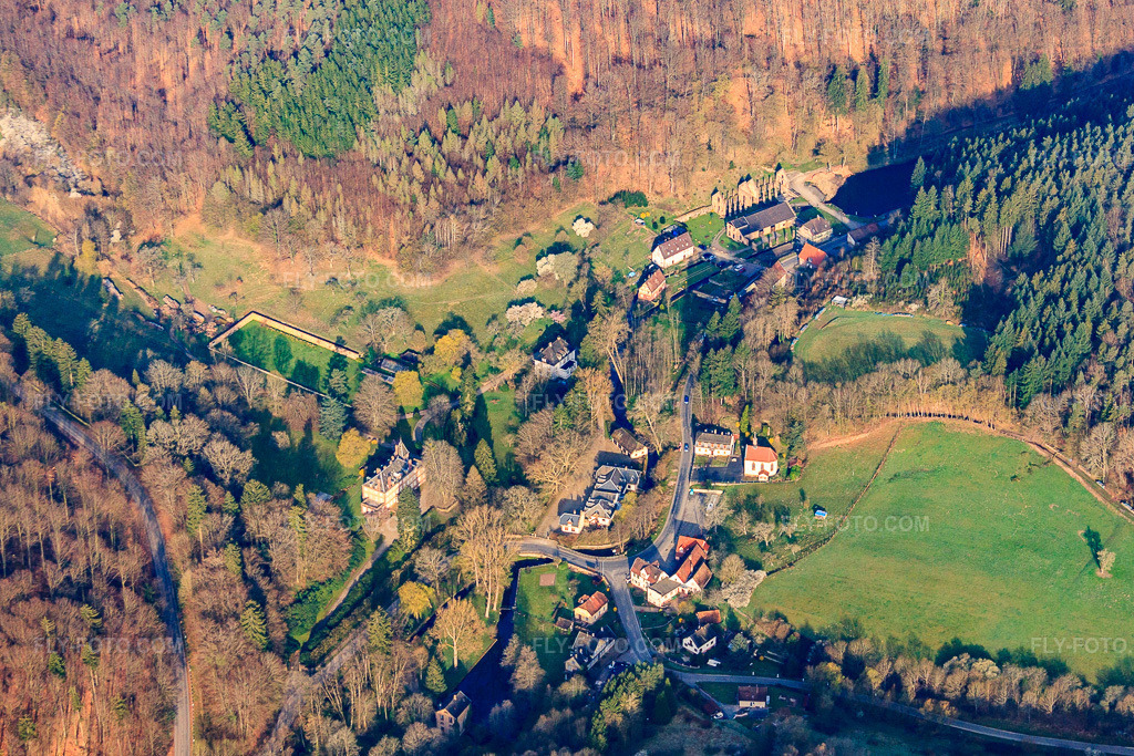 Aerial view: Jaegerthal district from the east in Windstein in the state Bas-Rhin, France.Photo: IMG_63704.jpg taken on 03/30/2014 by Werner Riehm/FLY-FOTO.comResolution of the original: 4551 x 3034 px