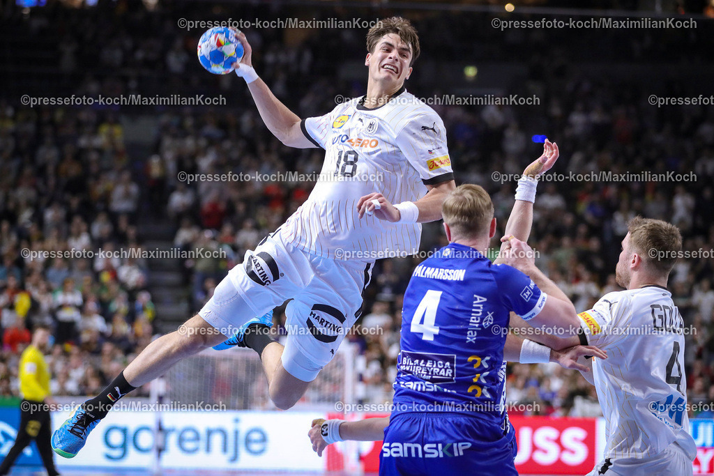 EHFEURO18012403052 | 18.01.2024, EHF EURO 2024, Männer Europameisterschaft Handball, Lanxess Arena in Köln, Deutschland - Island: Julian Köster (Deutschland) 