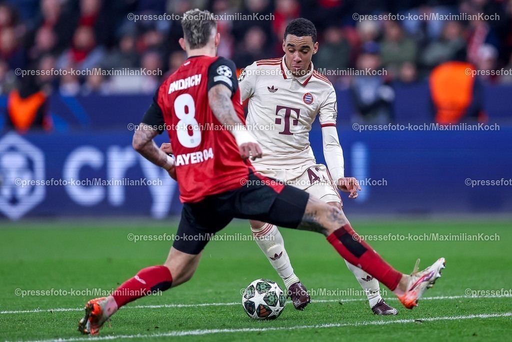 UCL11032502504 | 11.03.2025, Fußball, UEFA Champions League, Bayer 04 Leverkusen - FC Bayern München, Achtelfinale Rückspiel, BayArena, Saison 2024 2025: Robert Andrich (Bayer04 Leverkusen #8) im Zweikampf gegen Jamal Musiala (FC Bayern #42)DFB regulations prohibit any use of photographs as image sequences and or quasi-video.
