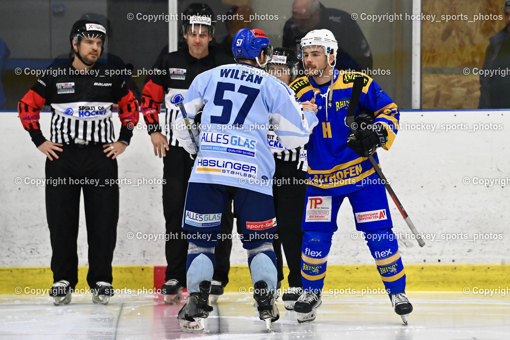 EHC Althofen vs. ESC Steindorf 6.3.2024 | Widmann Florian Referee, Dreier Alexander Referee,#57 Wilfan Franz ESC Steindorf, #67 Schettina Kevin EHC Althofen, EHC Althofen vs. ESC Steindorf 6.3.2024, EHC Althofen vs. ESC Steindorf am 06.03.2024 in Althofen (Stadthalle Althofen ), Austria, (Photo by Bernd Stefan)