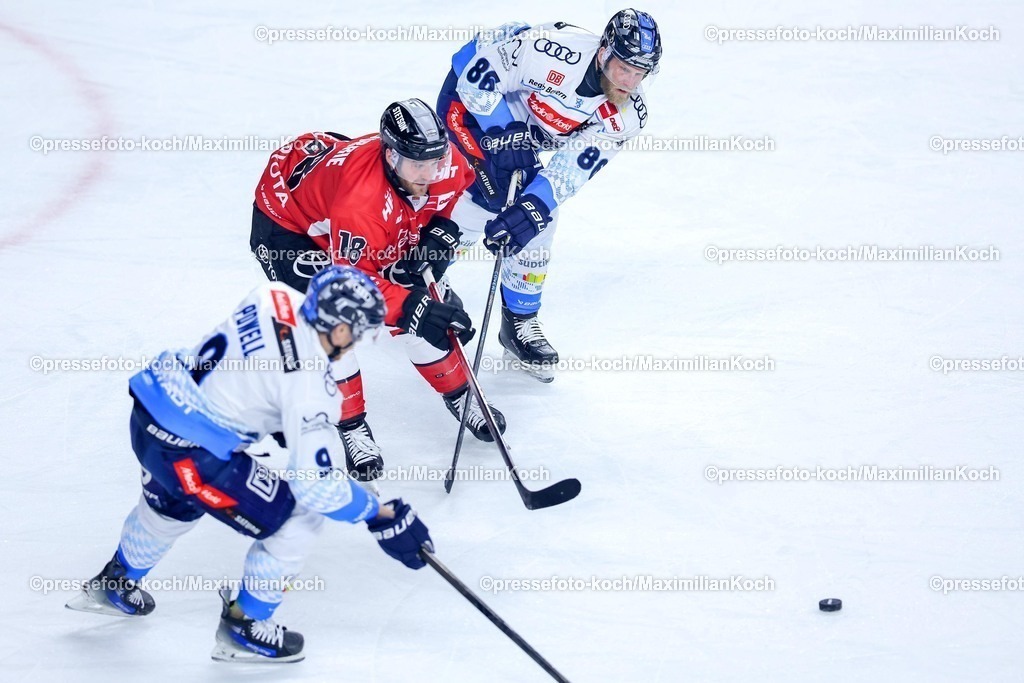 KEC1404251051 | 14.04.2025, Eishockey, DEL Play-offs, Kölner Haie - ERC Ingolstadt, Halbfinale Spiel 6, Lanxess-Arena Köln: Josh Currie (Kölner Haie #18) im Zweikampf gegen Daniel Pietta (ERC Ingolstadt #86) und Myles Powell (ERC Ingolstadt #9) 