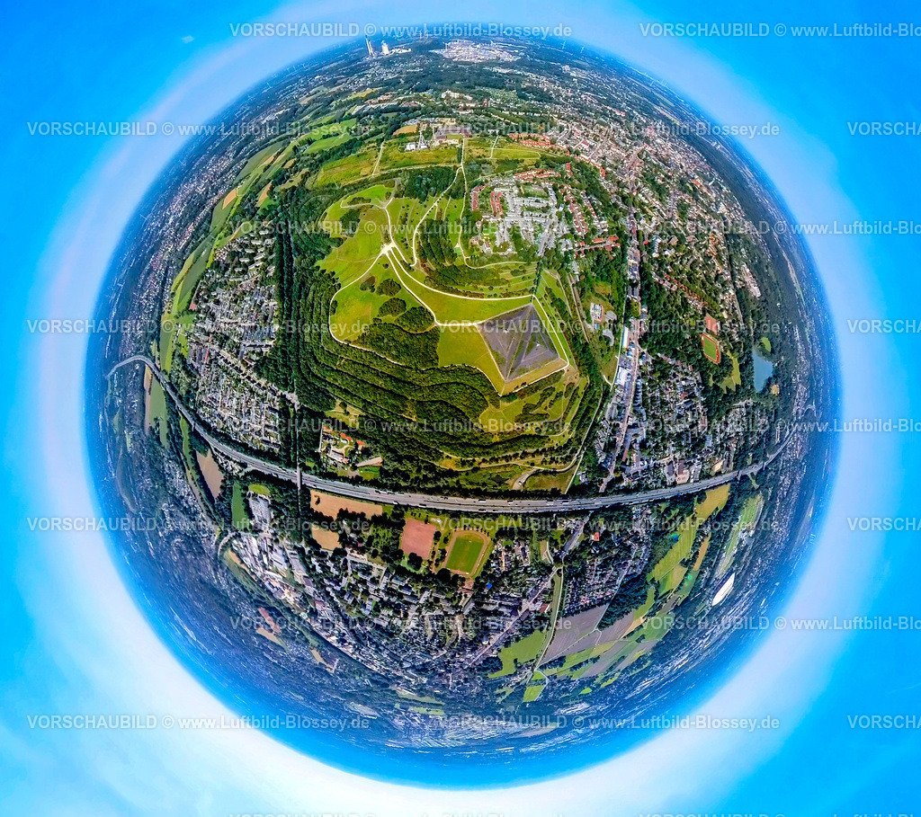 Gelsenkirchen240890551RungenbergHalde | Luftbild, Halde Rungenberg, auch Rungenberghalde Bergehalde, mit zwei aufgeschütteten Dreieckspyramiden für Lichtinstallation Nachtzeichen, Zechensiedlung Schüngelberg, Autobahn A2, Erdkugel, Fisheye Aufnahme, Fischaugen Aufnahme, 360 Grad Aufnahme, tiny world, little planet, fisheye Bild, Buer, Gelsenkirchen, Ruhrgebiet, Nordrhein-Westfalen, Deutschland