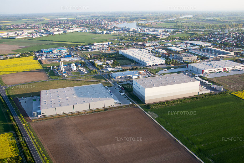Luftbild: Industrie- und Gewerbegebiet NO mit Grieshaber Logistic Group AG in Biebesheim am Rhein im Bundesland Hessen in Deutschland. Foto: IMG_077716.jpg vom 23.04.2015 durch Werner Riehm/FLY-FOTO.de