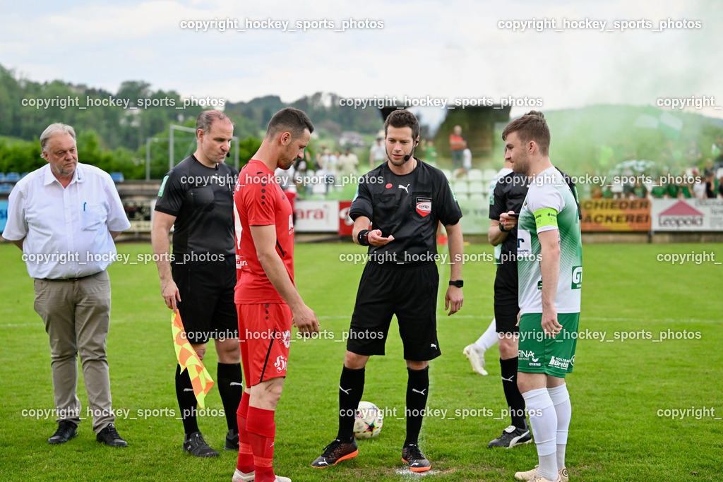 SV Feldkirchen vs. ATSV Wolfsberg 26.5.2023 | Bürgermeister Feldkirchen Martin Treffner, Nagele Robert Patrick, Hopfgartner Christoph, Referees, #27 Michael Groinig, #10 Patrick Pfennich, Münzwurf
