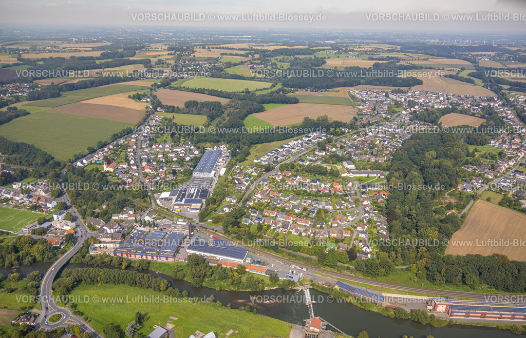 Froendenberg230902091 | Luftbild, Ortsansicht Ortsteil Langschede, Laufwasserkraftwerk Langschede, Langschede, Fröndenberg, Ruhrgebiet, Nordrhein-Westfalen, Deutschland