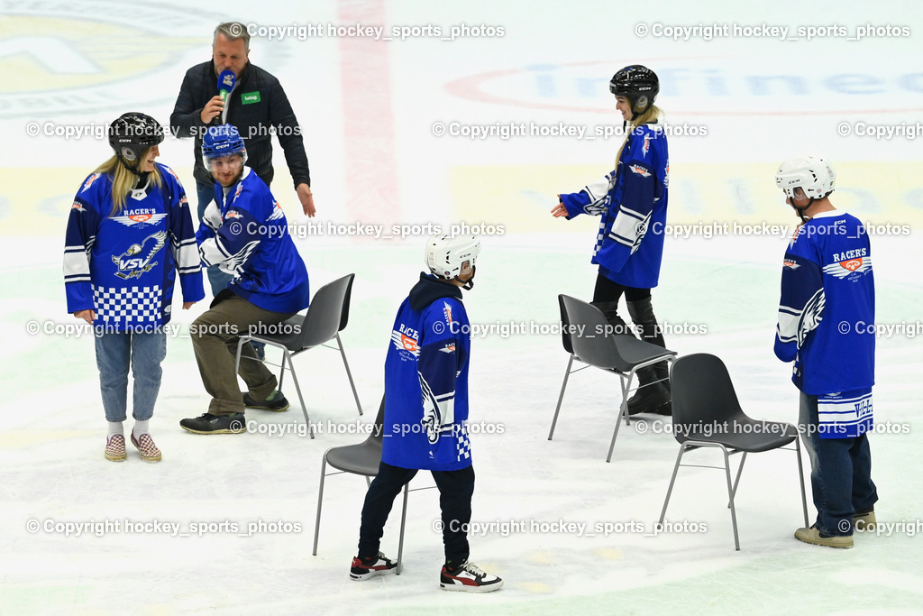 EC IDM WÄRMEPUMPEN VSV vs. FTC-TELEKOM JÉGKORONG | Hallensprecher EC VSV Gerhard Oberrauner, Racers Pausenspiel Reise nach Jerusalem, EC IDM WÄRMEPUMPEN VSV vs. FTC-TELEKOM JÉGKORONG, EC IDM WÄRMEPUMPEN VSV vs. FTC-TELEKOM JÉGKORONG am 19.10.2025 in Villach (Stadthalle Villach), Austria, (Photo by Bernd Stefan)