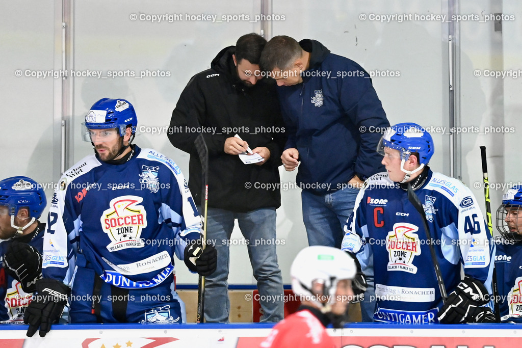 ESC Steindorf vs. ESV Ferlach | #12 Petrik Benjamin ESC Steindorf, Asisstentcoach ESC Steindorf Gasser Daniel, Headcoach ESC Steindorf Mayer Michael, #46 Maurer Julian ESC Steindorf, ESC Steindorf vs. ESV Ferlach, ESC Steindorf vs. ESV Ferlach am 19.10.2024 in Steindorf (Ossiachersee Halle), Austria, (Photo by Bernd Stefan)
