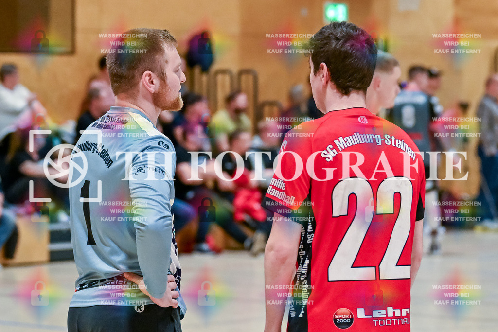 GER, SG Maulburg/Steinen - TuS Ringsheim, Handball, Landesliga Suedbaden, 22. Spieltag, Saison 2024/2025, 23.03.2025 | Rubens Freuschle (SG Maulburg/Steinen, #01), Niklas Ahrens (SG Maulburg/Steinen, #22)GER, SG Maulburg/Steinen - TuS Ringsheim, Handball, Landesliga Suedbaden, 22. Spieltag, Saison 2024/2025, 23.03.2025Foto: TH Fotografie/Thomas Hess