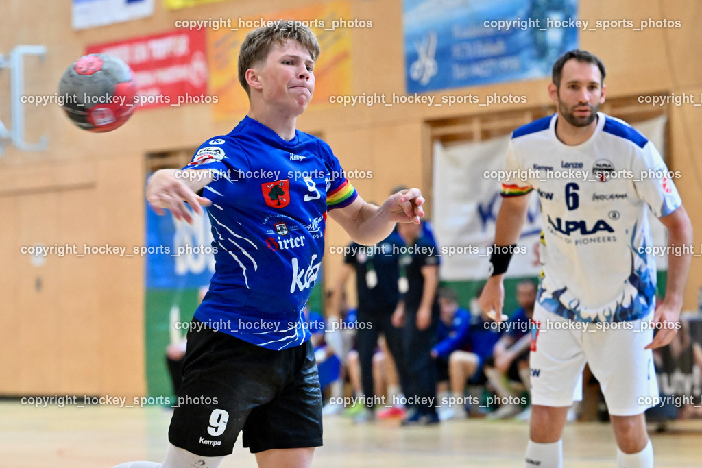 SC Ferlach vs. ALPA HC Hard | #9 SAGER Nico SC Ferlach, #6 SCHMID Dominik HC Hard, SC Ferlach vs. ALPA HC Hard, SC Ferlach vs. ALPA HC Hard am 30.04.2024 in Ferlach (Ballspielhalle Ferlach), Austria, (Photo by Bernd Stefan)
