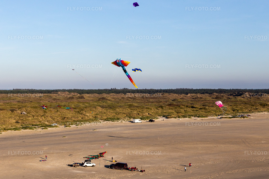 Aerial view: Kites on the beach in Fanø in the state South Denmark, Denmark.Photo: IMG_118804.jpg taken on 09/21/2019 by Werner Riehm/FLY-FOTO.comResolution of the original: 4384 x 2923 px