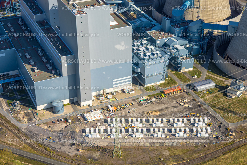 Hamm260400050Uentrop | Luftbild, RWE Kraftwerk Westfalen, Batteriespeicher und Stellplatz, Kernkraftwerk THTR-300 (Thorium-Hoch-Temperatur-Reaktor), Hochtemperaturreaktor heliumgekühlt, Kugelhaufenreaktor, Kernkraftwerk und Atomkraftwerk, Uentrop, Hamm, Ruhrgebiet, Nordrhein-Westfalen, Deutschland