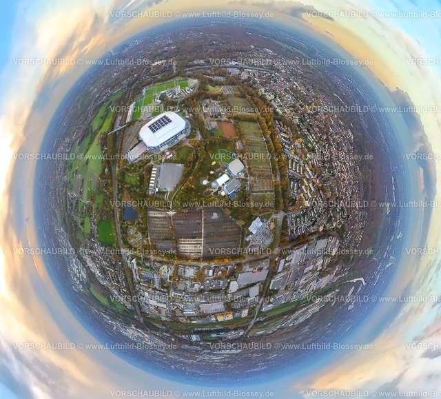 Gelsenkirchen231190103Schalke04-topaz | Luftbild, Bundesligastadion Veltins-Arena des FC Schalke 04, auch Arena AufSchalke Fußballstadion, Berger Feld mit Trainingsplätzen und Hotelanlagen, Erdkugel, Fisheye Aufnahme, Fischaugen Aufnahme, 360 Grad Aufnahme, tiny world, little planet, fisheye Bild, Erle, Gelsenkirchen, Ruhrgebiet, Nordrhein-Westfalen, Deutschland
