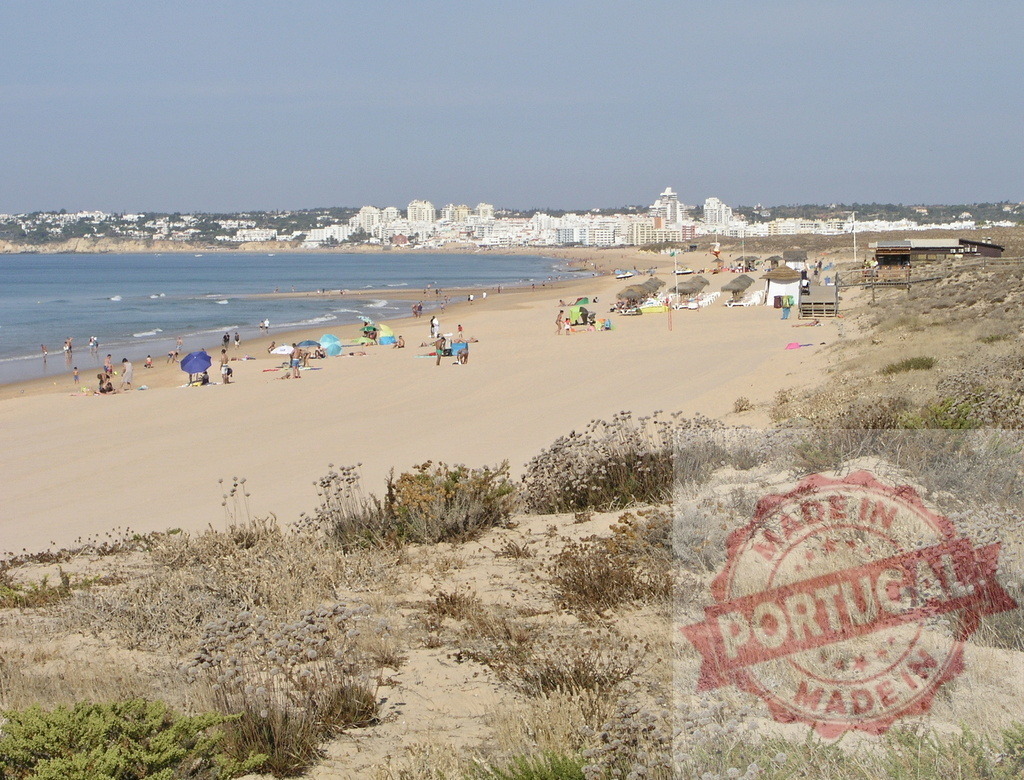 Armação de Pêra beach with people enjoying summer vacation | People enjoying the sandy beach and ocean with distant coastal city buildings under a clear sky - Realisiert mit Pictrs.com