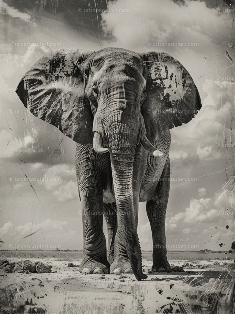 Vintage Majestic Savannah Elephant | This solitary elephant raising its trunk in the savannah symbolizes strength and freedom. Perfect for fans of African wildlife, this artwork brings an inspiring and majestic presence to any space. - Realisiert mit Pictrs.com