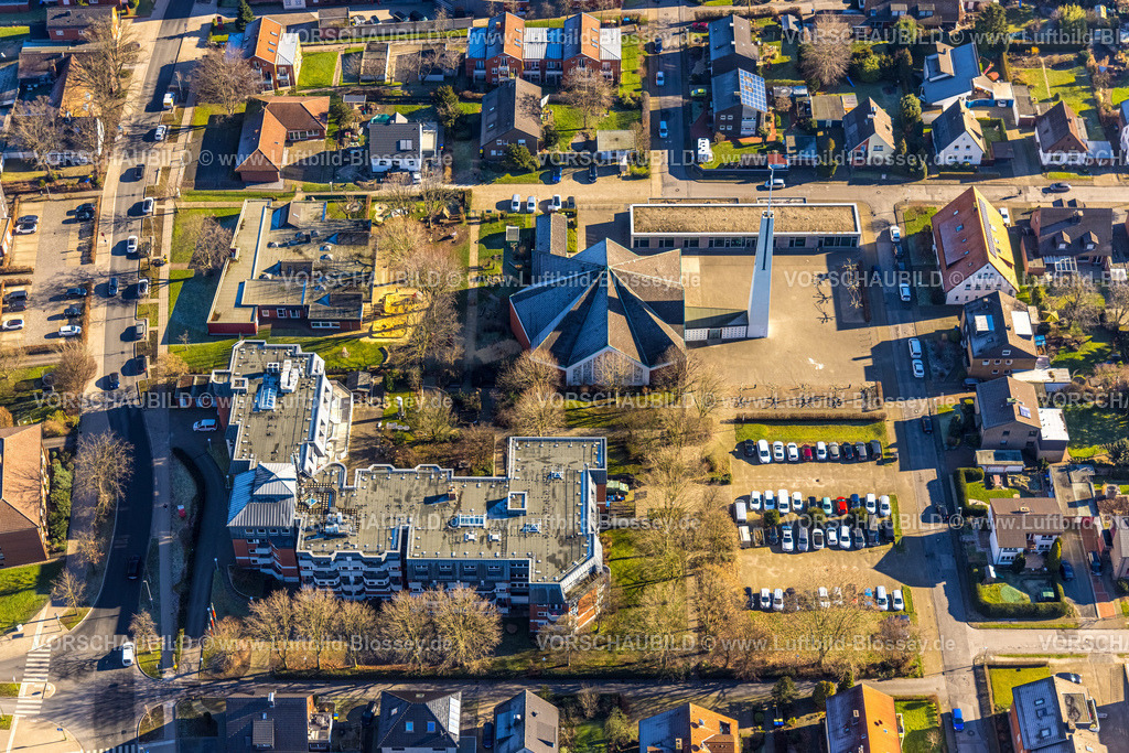 Luenen230203524 | Luftbild, Kirche St. Norbert, Caritas Altenzentrum St. Norbert, Nordlünen, Lünen, Ruhrgebiet, Nordrhein-Westfalen, Deutschland