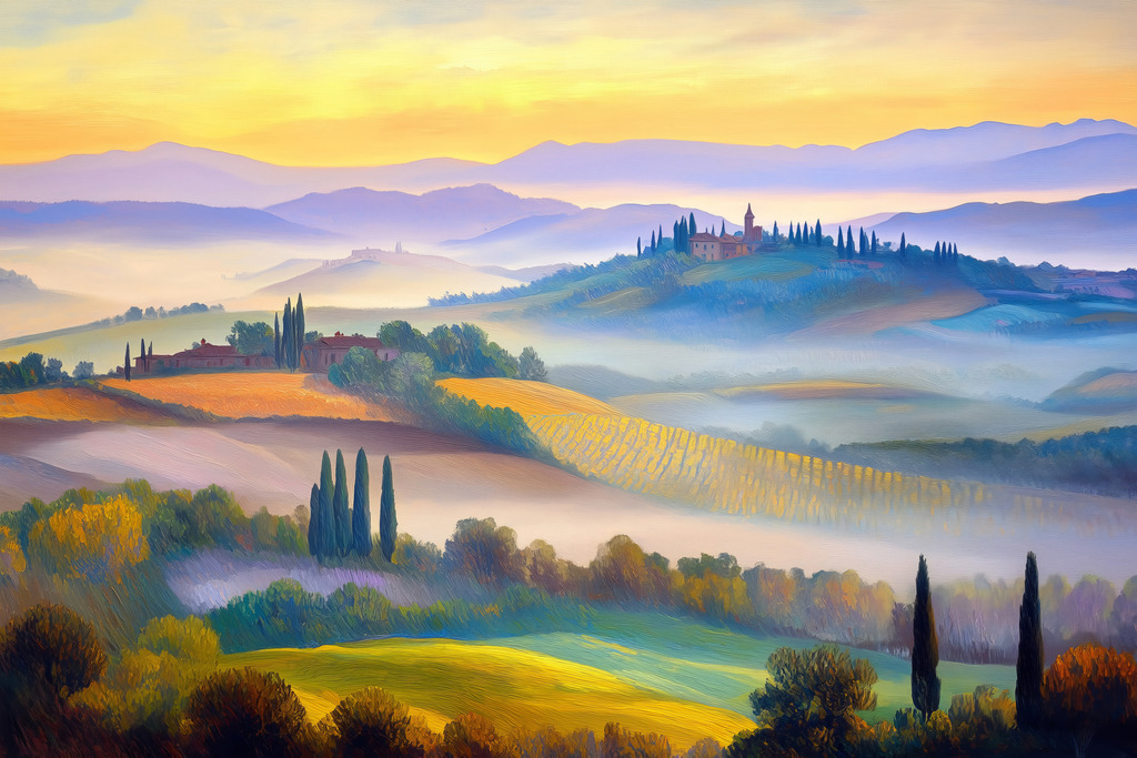 2502035 - Morgennebel in der Toskana | Wunderschöne toskanische Landschaft im Stil eines Gemäldes.