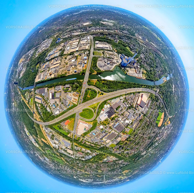 Oberhausen230790138_A42_Rhein-Herne-Kanal_GMVA | Luftbild, Autobahn A42 Anschlussstelle Oberhausen-Buschhausen, Rhein-Herne-Kanal, GMVA Niederrhein GmbH, Erdkugel, Fisheye Aufnahme, Fischaugen Aufnahme, 360 Grad Aufnahme, tiny world, Buschhausen, Oberhausen, Ruhrgebiet, Nordrhein-Westfalen, Deutschland