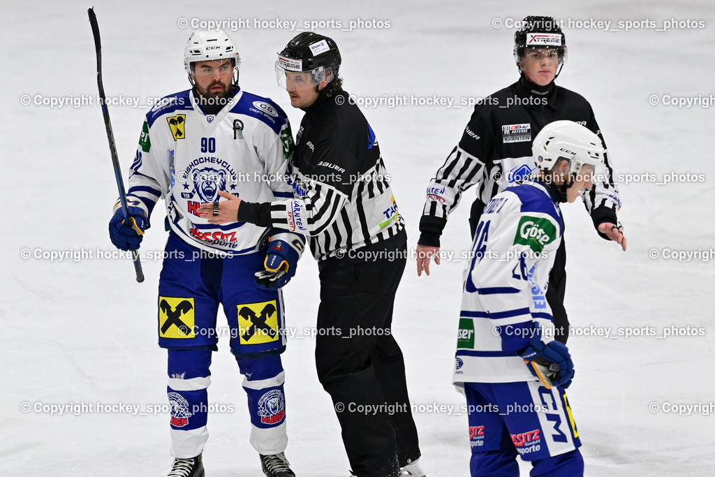 ESV Ferlach vs. UECR Eisbären Huben | #90 Wibmer Fabian UECR EISBÄREN HUBEN, Eicher Herbert Referee, Frieser Alexander Referee, #26 Bstieler Oliver UECR EISBÄREN HUBEN, ESV Ferlach vs. UECR Eisbären Huben, ESV Ferlach vs. UECR Eisbären Huben am 31.10.2025 in Ferlach (HTC Eishalle Ferlach), Austria, (Photo by Bernd Stefan)