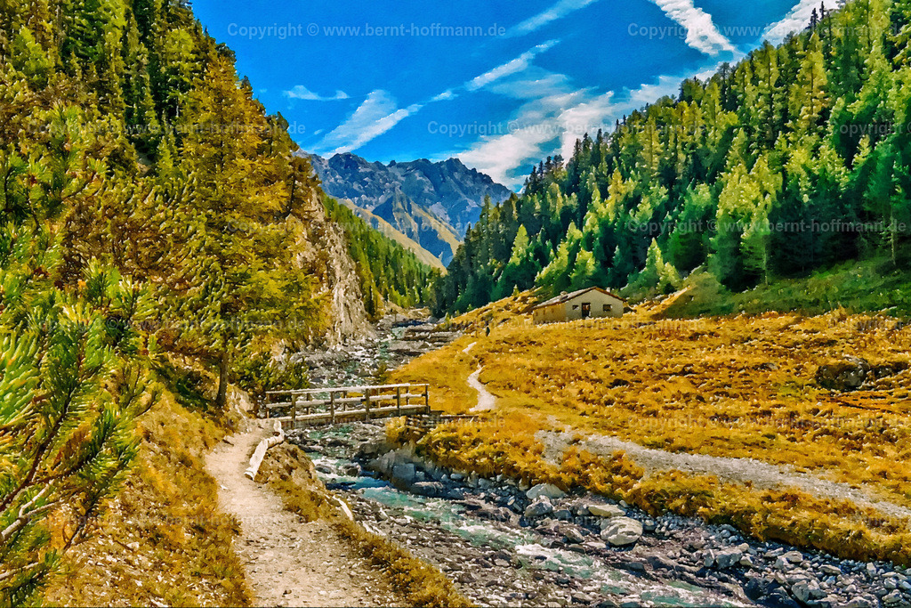 PAD2_RH_Bachlauf_150x100 | DIGITALKUNST. Bachlauf am Wanderweg im Val Trupchun im Schweizerischen Nationalpark.
__ Das Basisfoto für dieses malerisch verwandelte Werk hat der Schweizer Hobbyfotograf Rene Hinder gemacht und es Bernt Hoffmann für dessen Kunstpart zur Verfügung gestellt. - Realisiert mit Pictrs.com