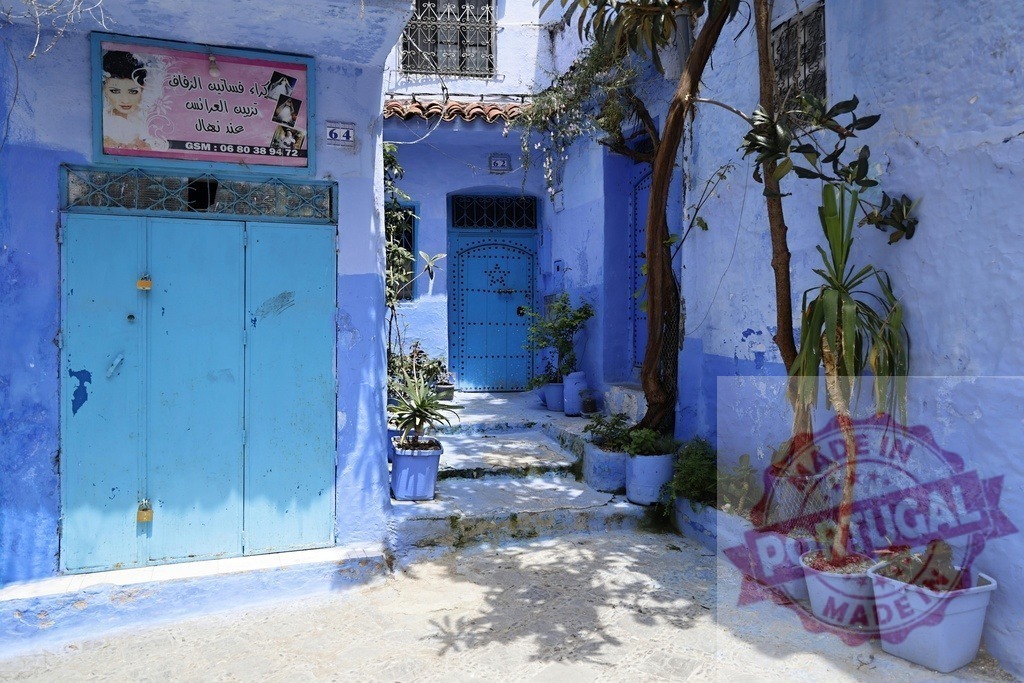 Blue alley in Chefchaouen, Morocco blue city | Chefchaouen alley walls painted vivid blue with potted plants and doors - Realized with Pictrs.com