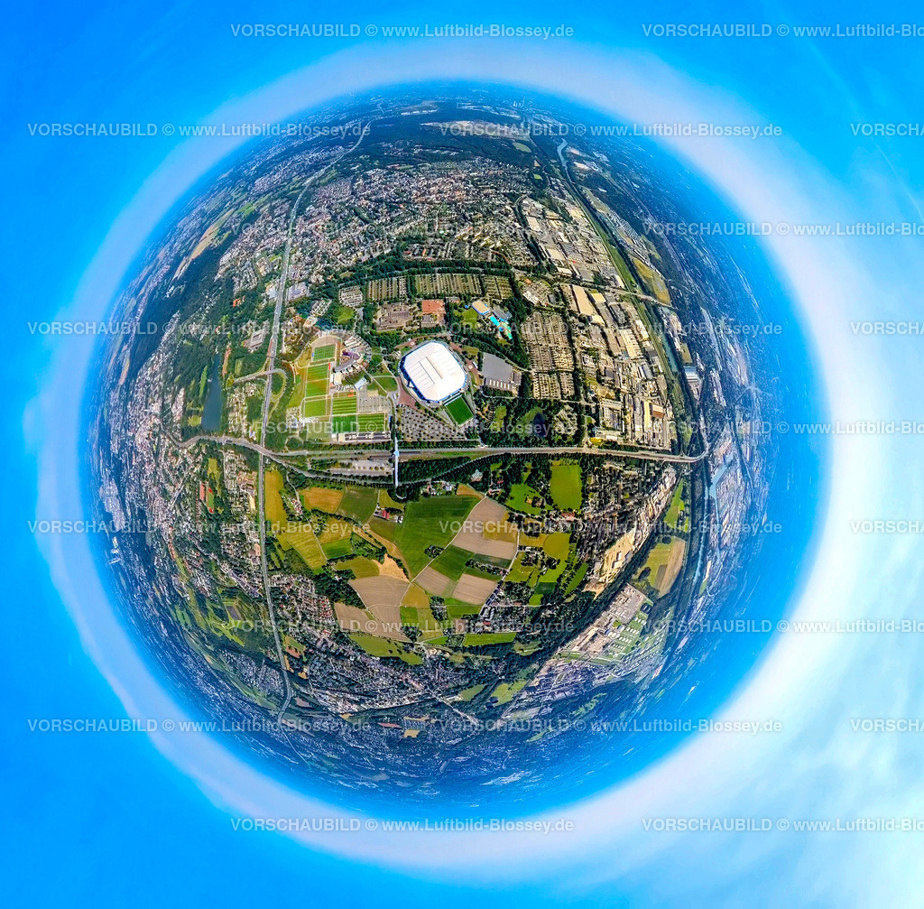 Gelsenkirchen240890554SchalkeArena | Luftbild, Berger Feld, Fußballstadion Veltins-Arena Bundesligastadion des FC Schalke 04 mit geschlossenem Dach und ausgefahrenem Spielfeld Rasen, Arena AufSchalke Trainingsplätze und Hotelanlage stays by friends, Autobahn A2 und Kurt Schumacher Straße, Erdkugel, Fisheye Aufnahme, Fischaugen Aufnahme, 360 Grad Aufnahme, tiny world, little planet, fisheye Bild, Erle, Gelsenkirchen, Ruhrgebiet, Nordrhein-Westfalen, Deutschland
