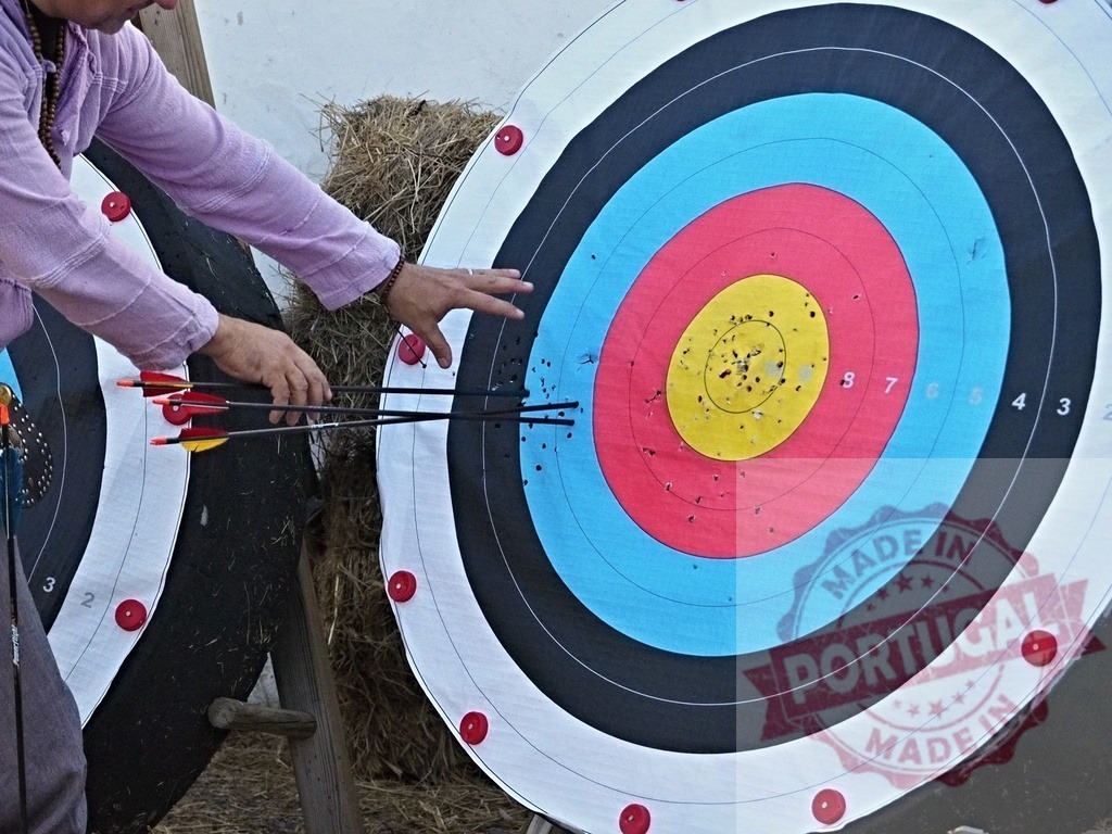 Archer collecting arrows from colorful archery target | Archer pulling arrows from a target after hitting bullseye - Realized with Pictrs.com