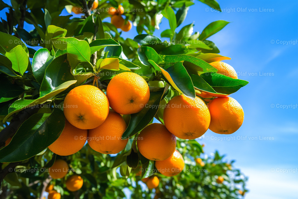 Orangenbaum | Orangen mit blauem Himmel am Baum