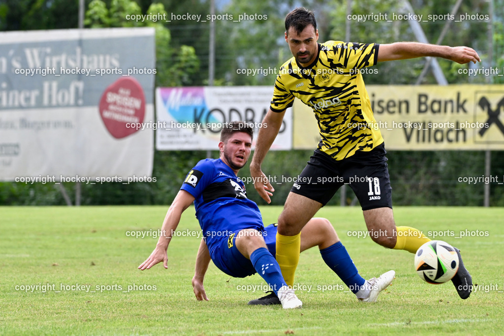 FC Faakersee vs. Union Matrei | #10 Jonathan Panzl Matrei, #18 Andreas Unterguggenberger FC Faakersee, FC Faakersee vs. Union Matrei, FC Faakersee vs. Union Matrei am 18.08.2024 in Finkenstein (Sportplatz Faakersee), Austria, (Photo by Bernd Stefan)