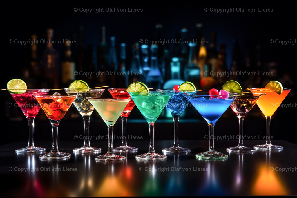 bunte Cocktails auf schwarzem Hintergrund | leuchtend farbenfrohe Cocktails