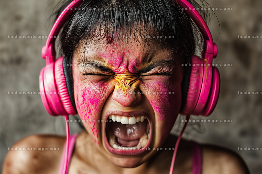 Gesicht einer Frau mit Kopfhörer (83) | front view - screaming angry woman with pink headphone with colored red yellow blue green paint shower - close up - true colors-day light --chaos 5 --ar 3:2 --stylize 50 --weird 200 --v 6.1 Job ID: 1ed27d08-0422-4bb1-bbfe-bc9a20a1cf91