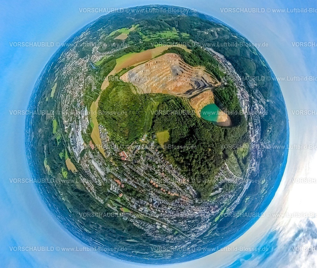 Hagen230990009Hohenlimburg Steinbruch | Luftbild, Steinbruch Steltenberg Hohenlimburg, Erdkugel, Fisheye Aufnahme, Fischaugen Aufnahme, 360 Grad Aufnahme, tiny world, Hohenlimburg, Hagen, Ruhrgebiet, Nordrhein-Westfalen, Deutschland