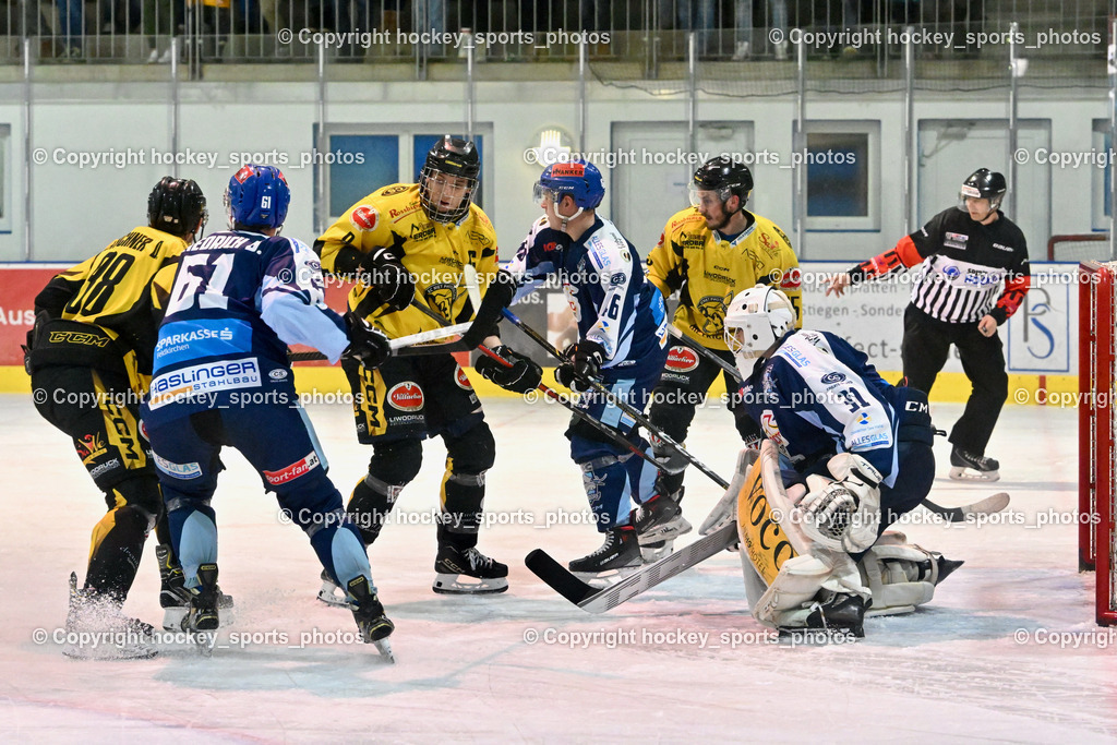 ESC Steindorf vs. EC Hornets Spittal 25.2.2024 | #88 Zauchner Daniel EC Hornets Spittal, #61 Friedrich Daniel ESC Steindorf, #8 Komar Luca EC Hornets Spittal, #46 Maurer Julian ESC Steindorf, #15 Rossbacher Daniel EC Hornets Spittal, #31 Steiner Paul ESC Steindorf, Altersberger Roland Referee, ESC Steindorf vs. EC Hornets Spittal 25.2.2024, ESC Steindorf vs. EC Hornets Spittal 25.2.2024 am 25.02.2024 in Steindorf (Ossiachersee Halle), Austria, (Photo by Bernd Stefan)