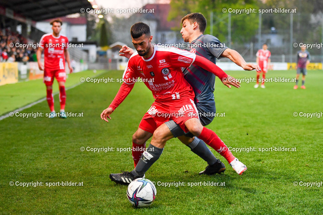 AUT, 2.Liga, SK Vorwaerts Steyr vs KSV 1919 | 15.04.2022, EK Arena Steyr, AUT, 2.Liga, SK Vorwaerts Steyr vs KSV 1919, im Bild Tolga Guenes (Steyr) vs Meletios Miskovic (KSV 1919)

// Admiral 2. Liga Match between SK Vorwaerts Steyr and KSV 1919 in Steyr, Austria on 2022/04/15
