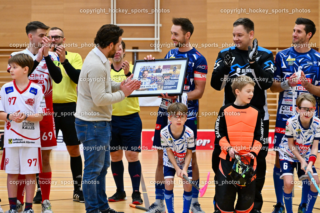 VSV Unihockey vs. KAC Floorball 4.2.2023 | Ehrung Helmut Koloini, #5 Michael Kanduth, #87 Timmo Taurer, #6Timo Schmid