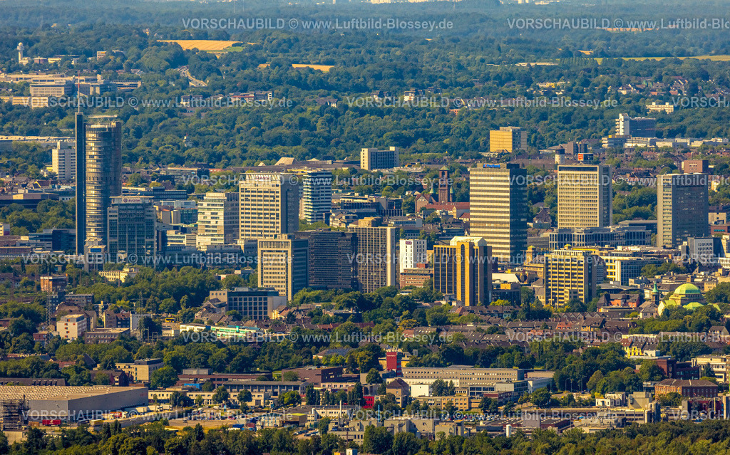 Essen230702447 | Luftbild, Skyline City mit Geschäftshäuser Hochhäuser vom Campus Essen und Westenergie Turm, Stadtkern, Essen, Ruhrgebiet, Nordrhein-Westfalen, Deutschland