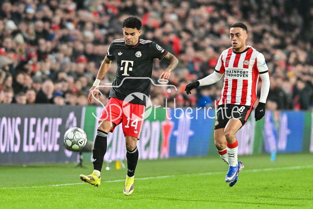 PSV Eindhoven - FC Bayern München | eINDHOVEN, NETHERLANDS - 28. JANUARY: im Duell Luis DIAZ (FC Bayern Munich 14) und Sergino DEST (PSV Eindhoven 8) während dem Match zwischen PSV Eindhoven und dem FC Bayern München am 8. Spieltag der UEFA Champions League Gruppenphase im Philips Stadion