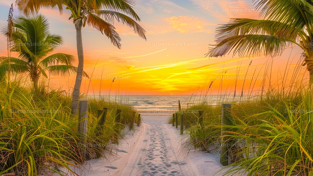 Beach Walk Through Dunes Leading To The Beach At Sunset | A scenic path through beach dunes leading to a colorful sunset over the ocean. Perfect for coastal decor, bringing a relaxing, seaside charm to your home. - Realisiert mit Pictrs.com