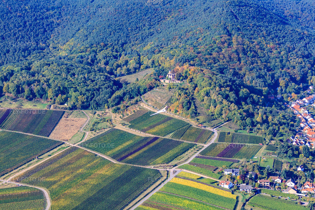 Luftbild: Segelflugzeug über der Kropsburg im Ortsteil SaintMartin in Sankt Martin im Bundesland Rheinland-Pfalz in Deutschland. Foto: IMG_22136.jpg vom 15.10.2009 durch Werner Riehm/FLY-FOTO.de