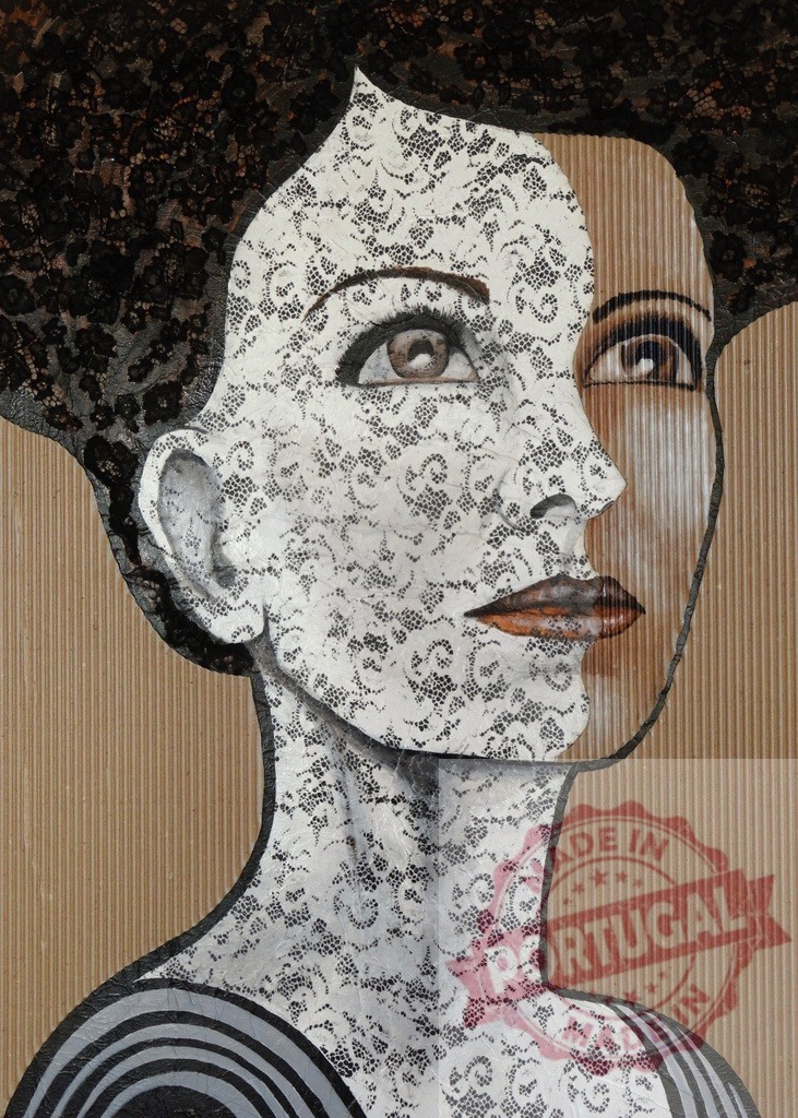 Woman portrait in textured mixed media on cardboard | Woman's face on corrugated cardboard with lace texture, representing identity and beauty - Realized with Pictrs.com
