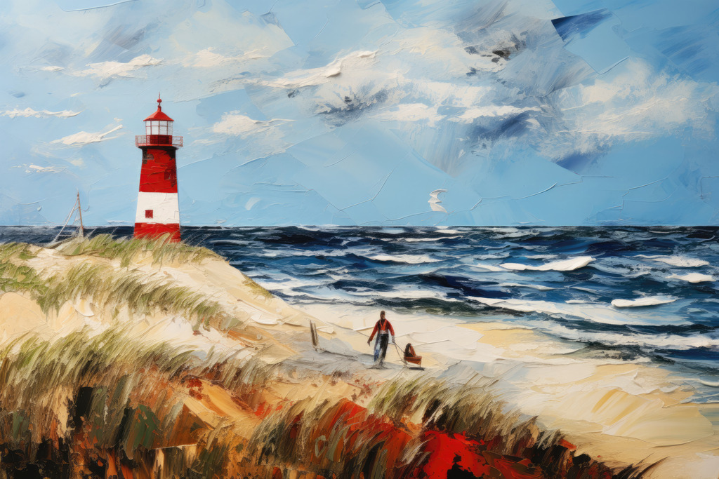 2307102 - Leuchtturm am Strand | Digitales Gemälde eines Leuchtturm am Nordseestrand.