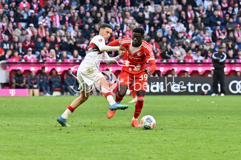 FC Bayern München - VfB Stuttgart | MUNICH, GERMANY - 19. APRIL: tackle between Bilal El KHANNOUSS (VfB Stuttgart 11) and Bara NDIAYE (FC Bayer Munich 39) during the Bundesliga Match between FC Bayern Munich vs. VfB Stuttgart at Matchday 30 at Allianz Arena / DFL REGULATIONS PROHIBIT ANY USE OF PHOTOGRAPHS AS IMAGE SEQUENCES AND/OR QUASI-VIDEO