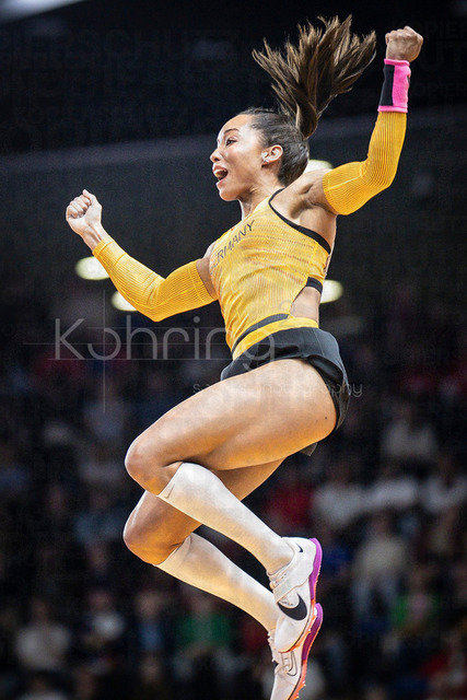 World Athletics Indoor Championships Kujawy Pomorze 26, 22.03.2026 | TORUN, POLAND - MARCH 22:  Jaqueline OTCHERE (GER) celebrating her jump in the women's pole vault during the World Athletics Indoor Championships Kujawy Pomorze 26 on day 3 / session 2 at Kujawsko-Pomorska Arena Torun on March 22, 2026 in Torun, Poland. 