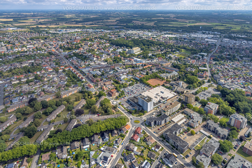 Hamm250700006Bockum-Hoevel | Luftbild, Wohngebiet und Ortsansicht mit Rathaus-Center und Höveler Markt, Bürgeramt Terrassenhaus, Hochhaus Siedlung, Fernsicht, Bockum-Hövel, Hamm, Ruhrgebiet, Nordrhein-Westfalen, Deutschland