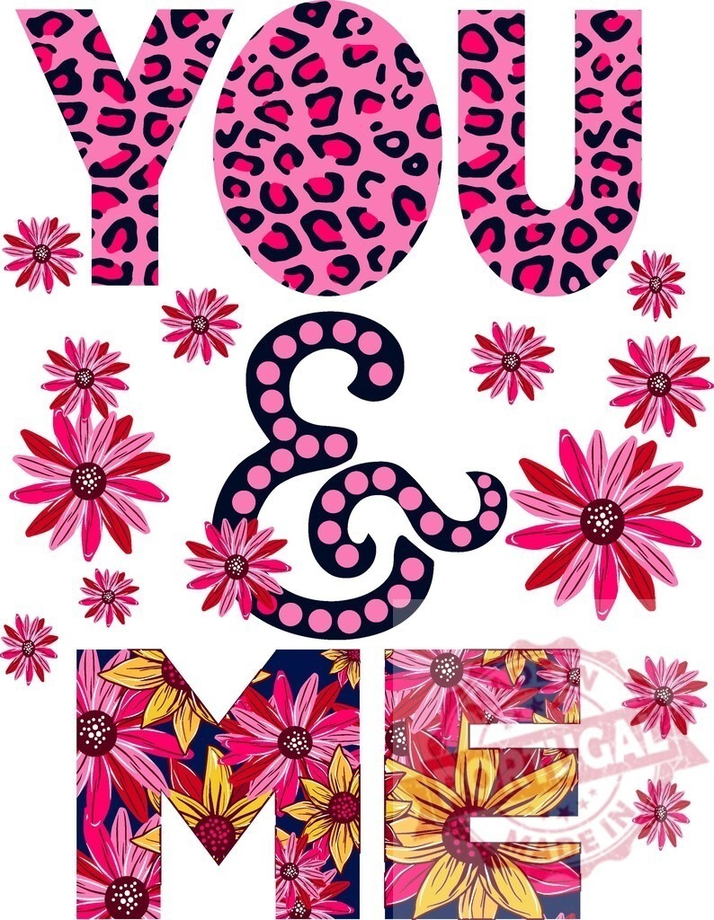 You & Me typography with leopard print and flowers | You and Me text with leopard print, polka dots, and floral patterns for love and romance - Realized with Pictrs.com