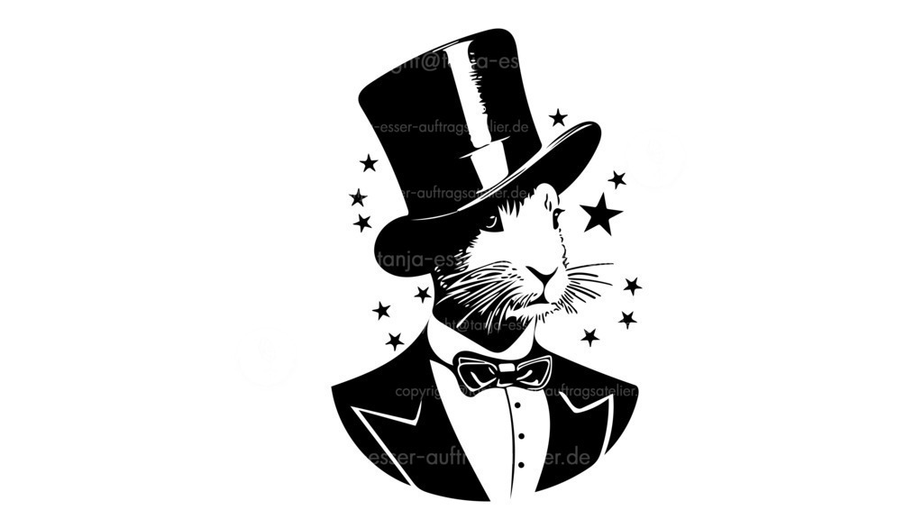 Zauberer Sterne D | Kaninchen mit Zylinder und Frack. Grafik in schwarz vor weißem Hintergrund symbolisiert einen Zauberer. Sterne rundherum.