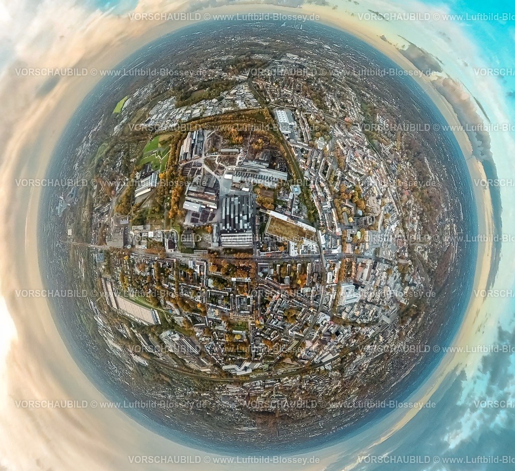 Bochum231190089Westpark-topaz | Luftbild, Westpark mit alten Werkshallen des Bochumer Verein und Jahrhunderthalle Veranstaltungsort und Eventlocation, Wohngebiet und Innenstadtansicht umgeben von herbstlichen Laubbäumen, Erdkugel, Fisheye Aufnahme, Fischaugen Aufnahme, 360 Grad Aufnahme, tiny world, little planet, fisheye Bild, Kruppwerke, Bochum, Ruhrgebiet, Nordrhein-Westfalen, Deutschland