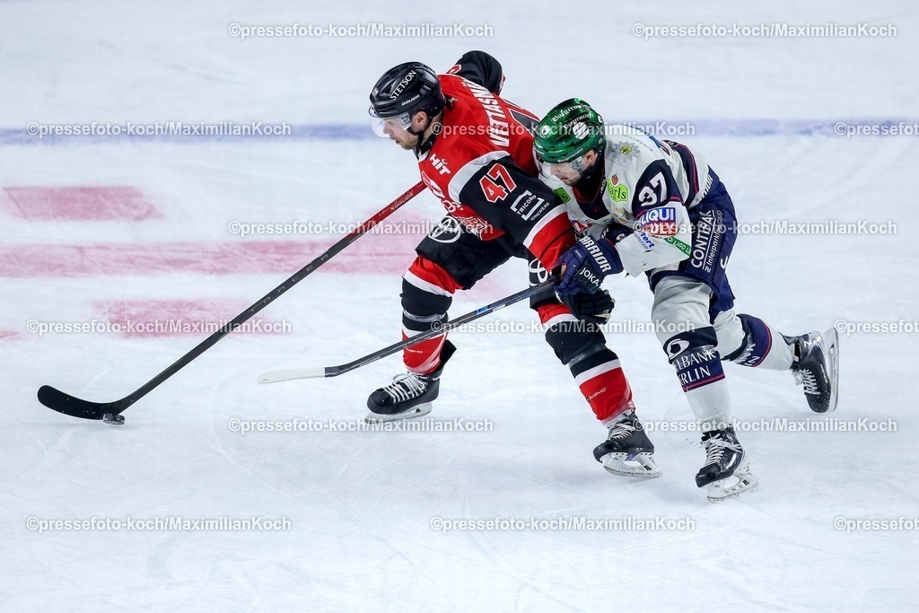 KEC20042601068 | 20.04.2026, Eishockey, DEL Halbfinale Play-Offs, Kölner Haie - Eisbären Berlin, Spiel 6, Lanxess-Arena Köln: Veli-Matti Vittasmäki (Kölner Haie #47) im Zweikampf gegen  Markus Vikingstad (Eisbären Berlin #37) 