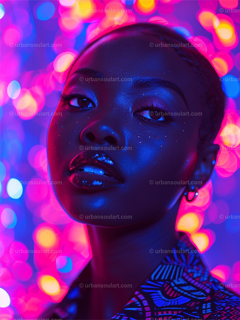 Black Woman Model Portrait | This neon-lit portrait captures the beauty and confidence of a Black woman, highlighted by vivid colors that create a mesmerizing, almost ethereal atmosphere. A perfect centerpiece for contemporary interiors. - Realisiert mit Pictrs.com
