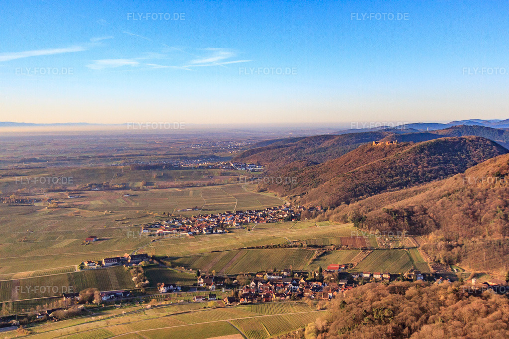 Luftbild: Blick am Haardtrand nach S bis zur Madenburg in Leinsweiler im Bundesland Rheinland-Pfalz in Deutschland. Foto: IMG_63141.jpg vom 20.03.2014 durch Werner Riehm/FLY-FOTO.de