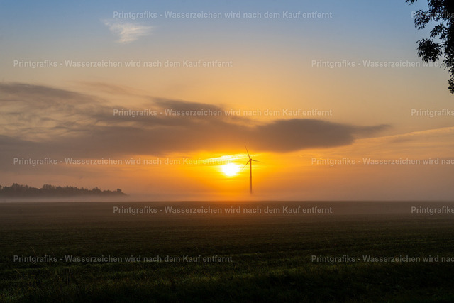 Sonnenaufgang über dem stillen Feld | Warmer Sonnenaufgang über einer ruhigen, leicht nebligen Feldlandschaft. Die Silhouette der Windkraftanlage, das sanfte Morgenlicht und der Dunst am Horizont erzeugen eine stille, ländliche Atmosphäre. - Realisiert mit Pictrs.com